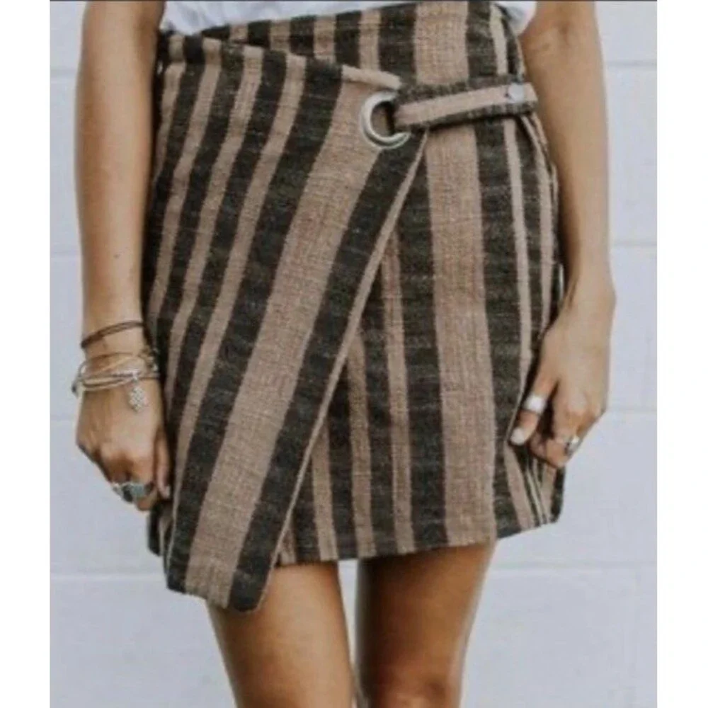 Free People Wrap Mini Skirt M Brown Stripe Asymmetrical Boho Cottage Festival
